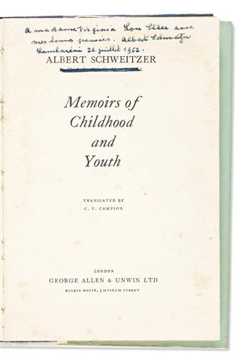 SCHWEITZER, ALBERT. Three items: Small Photograph Signed and Inscribed * Memoirs of Childhood and Youth. Signed and Inscribed on the ti